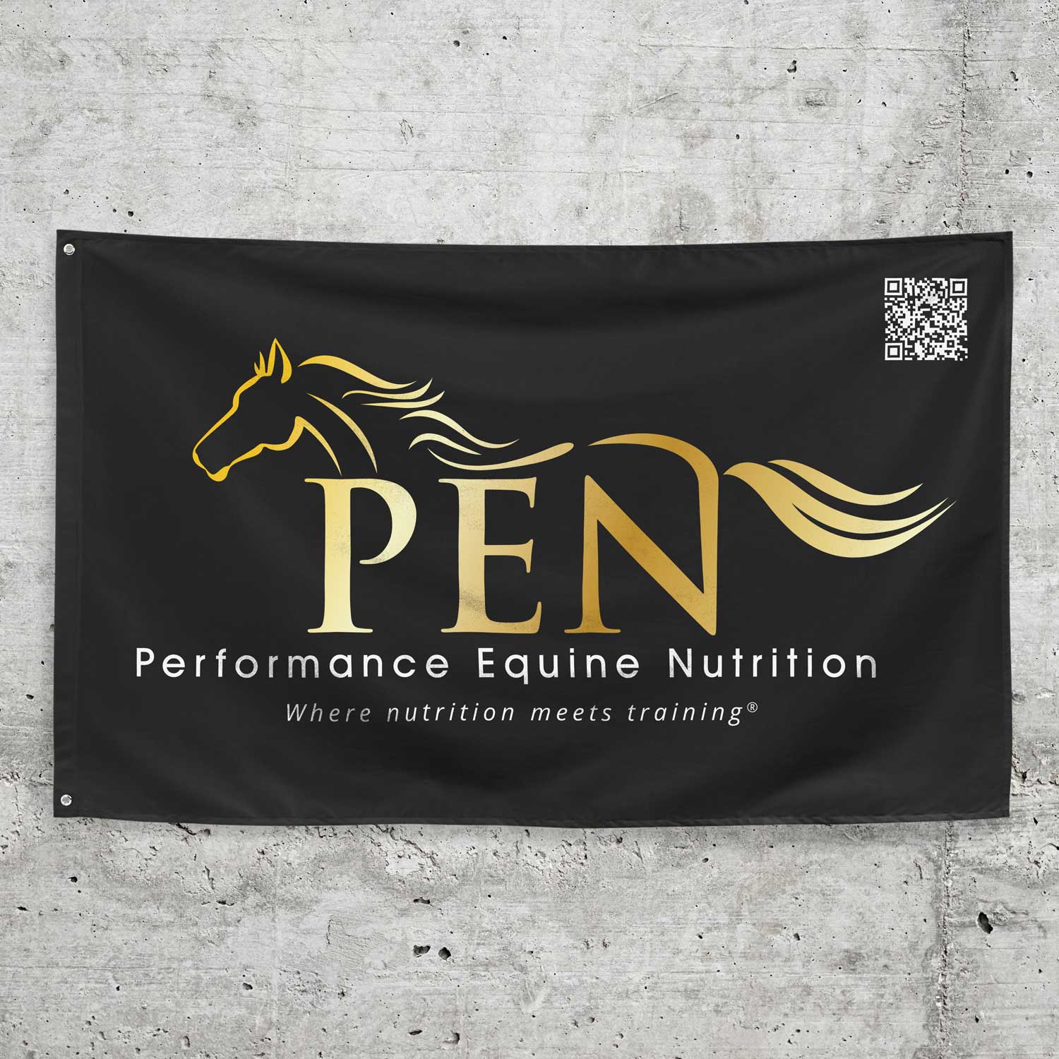 Banner-Close-Up A black 3x5-foot Performance Equine Nutrition banner is mounted on the wall